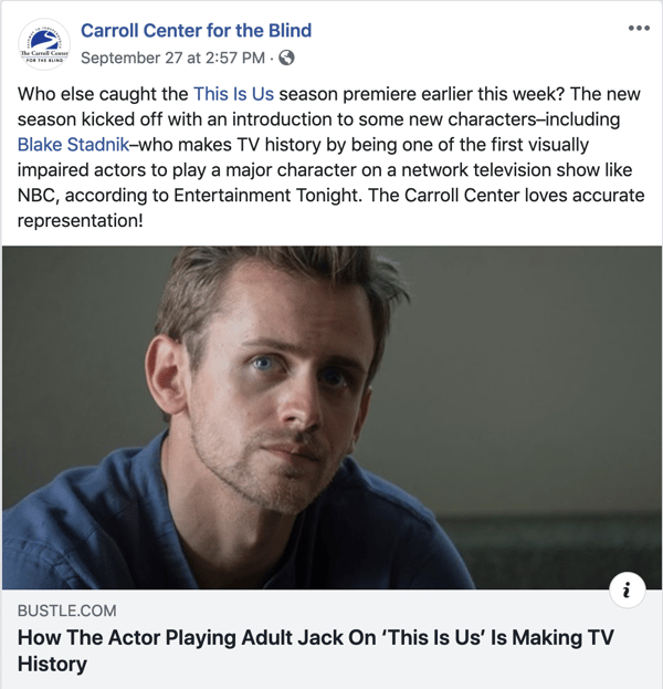 A Facebook Post from The Carroll Center for the Blind Celebrates a blind actor and inclusivity on This Is Us